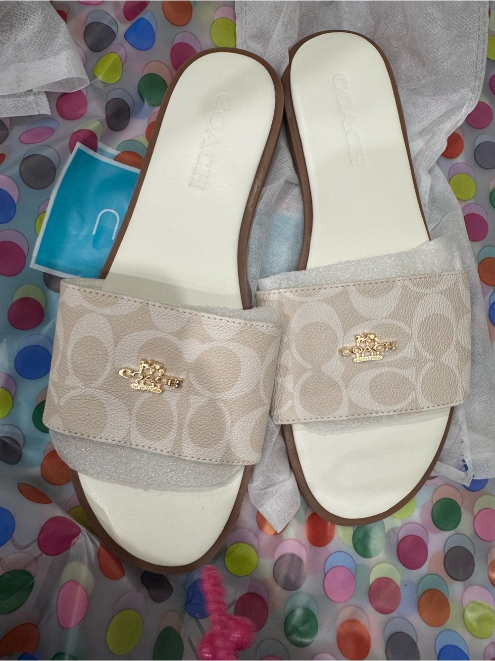 Coach Beige Signature Slide Sandals with Gold Logo